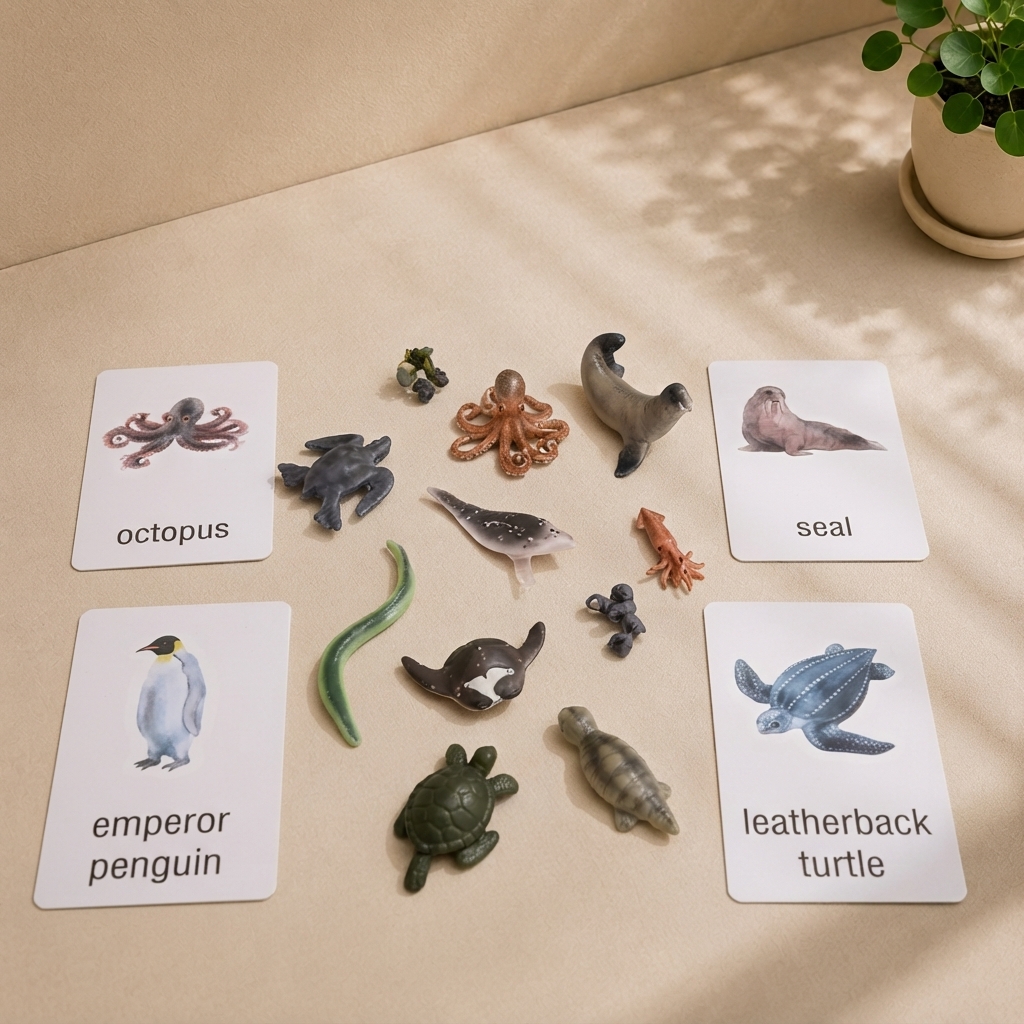 10 Mini Marine animals models with corresponding cards