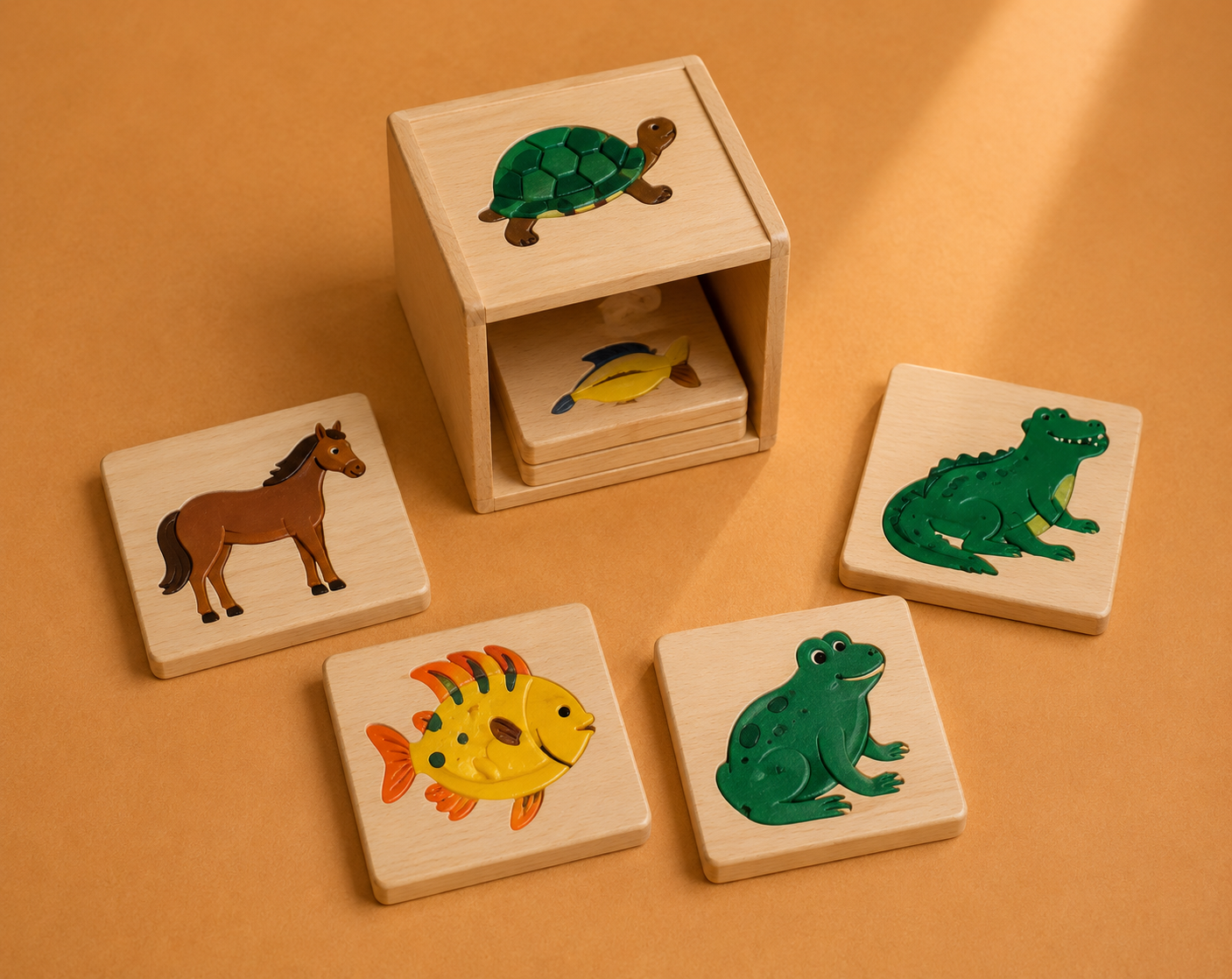 Animal Puzzle Cabinet with 5 Puzzles (horse,fish,turtle,bird,frog)