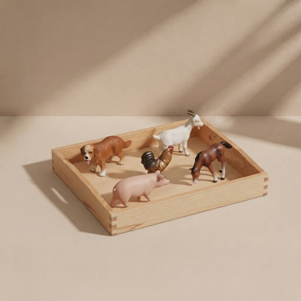 Farm Animals Objects with Wooden tray